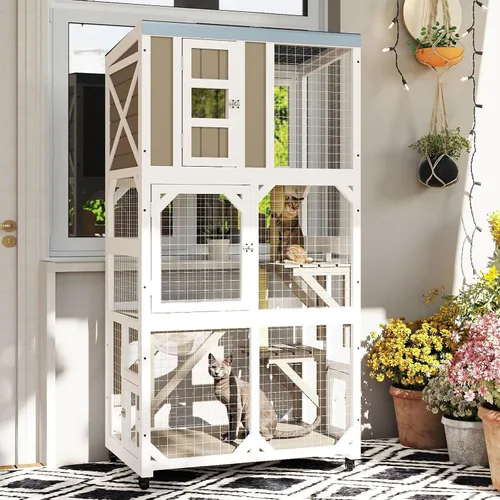 Vista 6 de Ketive Catio grande de madera para exteriores de 64", casa para gatos de ventana con ruedas y 3 plataformas, jaula para gatitos con techo resistente