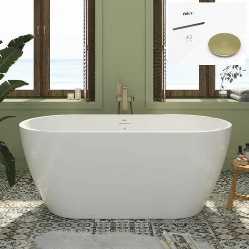 Vista 28 de FerdY Bañera independiente de acrílico Bali de 47 pulgadas, bañera independiente con forma elegante, certificado cUPC, drenaje dorado cepillado