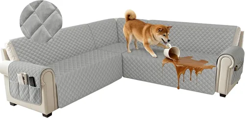 Vista 18 de Fundas impermeables para sofá seccional de esquina en forma de L, de terciopelo, juego de 6 piezas, funda en forma de U para sofá, para perros