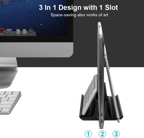 Vista 2 de Vaydeer Soporte vertical 3 en 1 para laptop, soporte de aluminio para computadora portátil con base ajustable, organizador que ahorra espacio