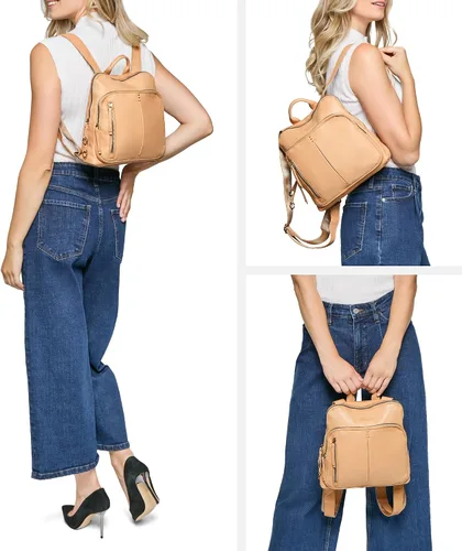 Vista 5 de American Leather Co. Cleveland - Mochila mediana para mujer, color beige, 100% piel auténtica, elegante mochila de tamaño mediano con detalles