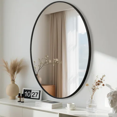 Vista 10 de Espejo ovalado negro para baño, espejo de baño ovalado de 22 x 30 pulgadas con marco de metal cepillado, espejo de tocador decorativo montado
