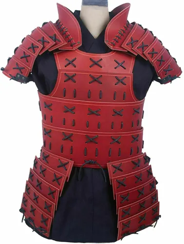 Vista 2 de Armadura de Samurai de cuero medieval rojo y negro, estándar