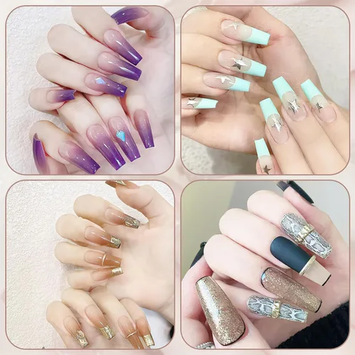Vista 6 de FEBSNOW 600 piezas de puntas de uñas postizas largas estilo ataúd, uñas de gel transparentes de cobertura completa, estilo bailarina, autoadhesivas