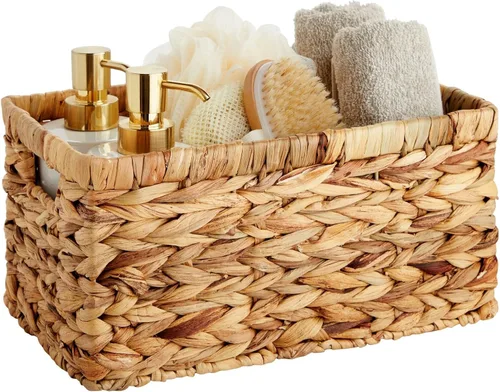 Vista 5 de Juvale Cesta rectangular pequeña de mimbre, cesta de jacinto de agua tejida a mano, se adapta a estantes de almacenamiento estándar, paquete de 2