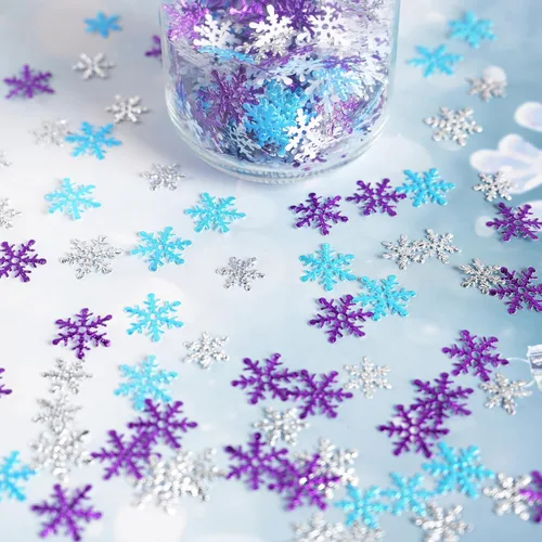 Vista 6 de Decoraciones de confeti de copo de nieve de Navidad, 1200 unidades, confeti morado, azul, plateado, paquete de fiesta de nieve para Navidad