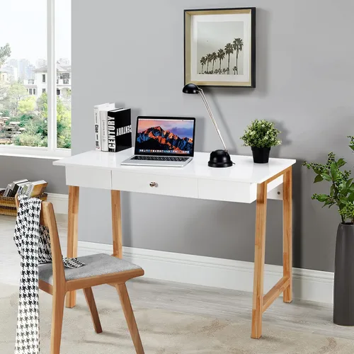 Vista 9 de COSTWAY Escritorio para computadora de 42 pulgadas con cajón de almacenamiento, moderna mesa de estudio de escritura en casa con patas de madera