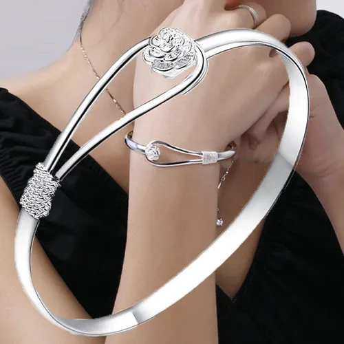 Vista 2 de Pulseras de plata de ley 925, pulseras de moda vintage para parejas, diseño ondulado, pulseras de fiesta