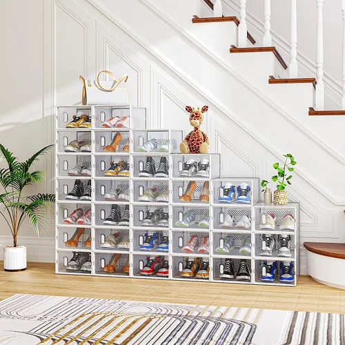 Vista 13 de Paquete de 6 cajas de zapatos apilables de plástico transparente, cajas organizadoras de zapatos con tapas para tenis, estuche para zapatos hasta