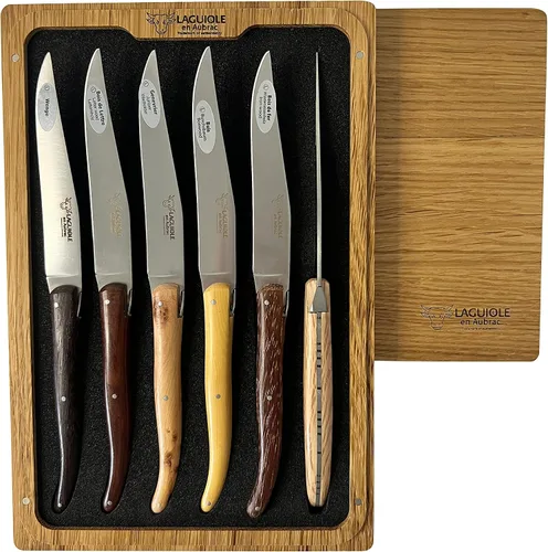 Vista 7 de Laguiole en Aubrac Juego de 6 cuchillos de carne de acero inoxidable mate totalmente forjados con asas de madera mixta
