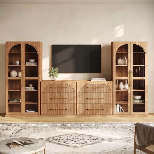Vista 41 de BELLEZE Centro de entretenimiento modular de 4 piezas con almacenamiento, 2 vitrinas de madera moderna con gabinete arqueado y 2 armarios de puerta