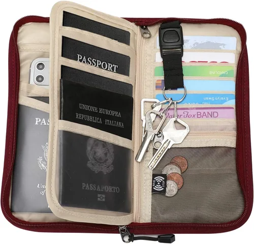 Vista 2 de ZOPPEN Cartera de viaje RFID y organizador de documentos con cremallera con correa de muñeca extraíble, Cartera RFID