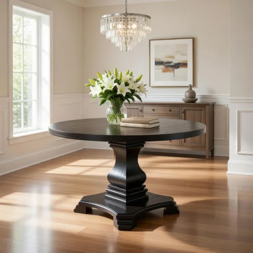 Vista 7 de Benjara - Mesa de comedor tradicional de madera maciza de 48 pulgadas con tapa redonda, color negro