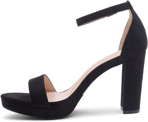 Vista 3 de Shoe Land Enlove - Sandalias de tacón de plataforma para mujer, puntera abierta, correa de tobillo, tacón alto grueso, zapatos de vestir para bodas