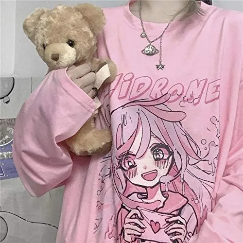Vista 6 de Kawaii Camiseta de gran tamaño lindo rosa Anime camisa japonesa Harajuku Tee de manga larga conejo gato adolescente chica más
