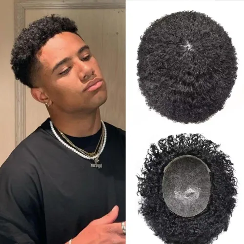 Vista 12 de Afro Toupee para hombres negros, rizado afro ondulado, postizo masculino, piel fina, PU negro, para hombre, tupé, reemplazo de cabello humano