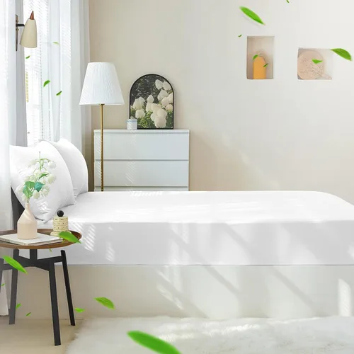 Vista 5 de Juego de sábana bajera ajustable con fundas de almohada, 100% viscosa derivada de bambú, sábana bajera refrescante de 400 hilos para personas que