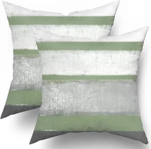 Vista 22 de Fundas de almohada Aqua 16x16 Set de 2 Verde Claro Gris Moderno Arte Abstracto Rayado Cojines Decorativos de Granja Algodón Cuadrado Fundas de Raya