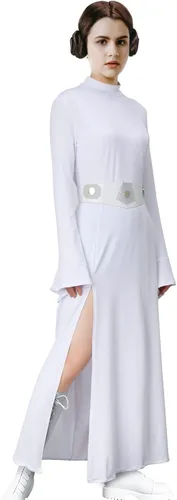 Vista 2 de NIHONCOS Disfraz de Halloween para mujer, vestido largo medieval blanco, conjunto completo con cinturón, accesorios de fiesta de cosplay