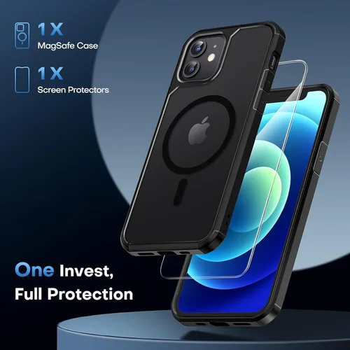 Vista 5 de TAURI - Funda magnética y delgada para iPhone 12/iPhone 12 Pro, compatible con MagSafe, no se pone amarilla, con 2 protectores de pantalla