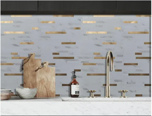 Vista 5 de XUANINY Protector contra salpicaduras para cocina y baño, azulejos autoadhesivos de PVC de grano de piedra, adhesivo de pared 3D de metro (10 hojas)