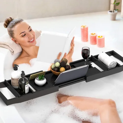 Vista 4 de Domax - Bandeja para tina de bambú extensible para baño de lujo, con soporte para libros y jabonera separada, color negro