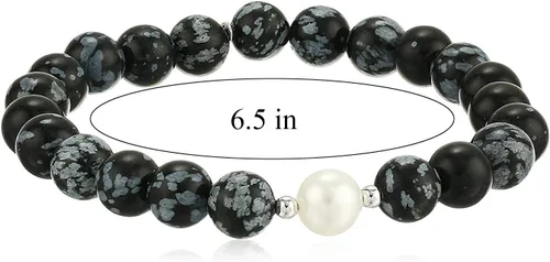 Vista 3 de Gema Genuina con acento blanco agua dulce cultivadas perla pulsera elástica de abalorio, 6.5