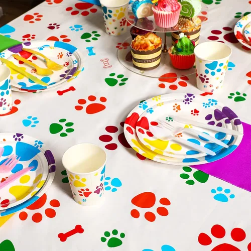 Vista 2 de Tegeme Mantel de plástico desechable con estampado de patas de perro de 54 x 108 pulgadas, 3 piezas, decoración de fiesta de cachorros para fiesta