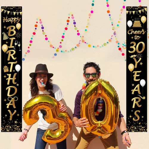 Vista 5 de Blulu 2 carteles decorativos de cumpleaños de 30 años para hombres y mujeres, suministros de decoración de fiesta de feliz cumpleaños de 30 años