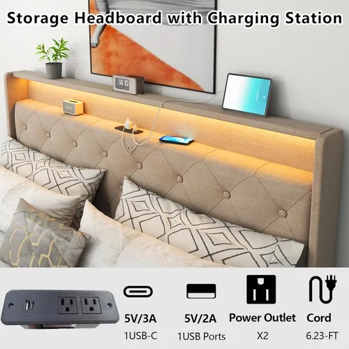 Vista 5 de Loomie Marco de Cama Queen Elevable con Estación de Carga y Luces LED, Cama Tapizada con Cabecera de Almacenamiento Capitoné con Respaldo Alto
