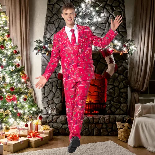 Vista 5 de Gardentime Trajes de Navidad para hombres, disfraz feo divertido para adultos, chaqueta de Navidad para hombre, traje de cosplay con pantalones