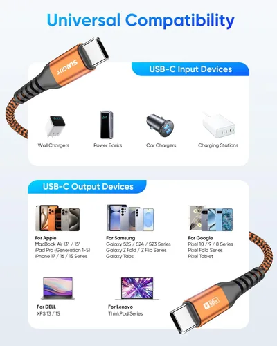 Vista 6 de SUNGUY Cable corto USB C a USB C de 1 pie [paquete de 2] de carga rápida de 60 W Naranja