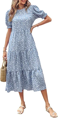 Vista 2 de IFFEI Vestidos de verano para mamá y yo, estilo bohemio, a juego, con volantes, manga abombada, cintura alta, vestido largo por debajo