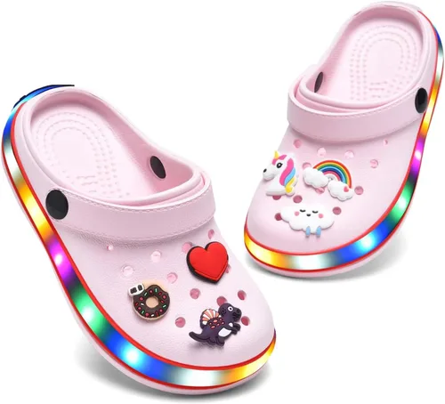 Vista 6 de XPKWS Zuecos para niños pequeños, niños y niñas, zapatos de jardín con luces LED, sandalias ligeras con luces, antideslizantes, de secado rápido
