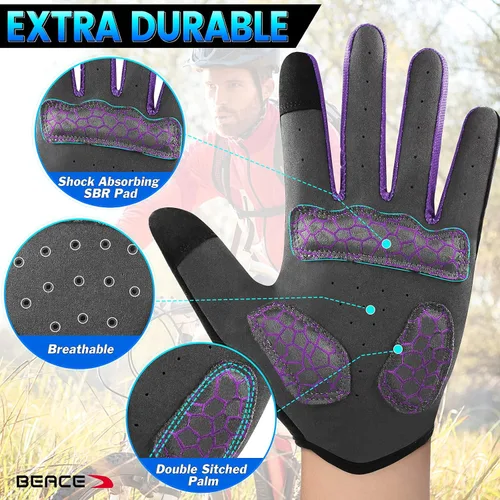 Vista 4 de BEACE Guantes de ciclismo, guantes de ciclismo para hombres y mujeres, con pantalla táctil, guantes de bicicleta de montaña con dedo completo