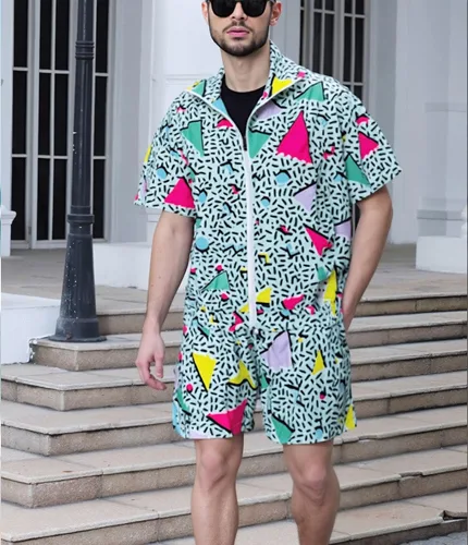 Vista 5 de UOUA Traje de los años 80 para hombre, disfraz de bloque de color de los años 90, conjunto de 2 piezas de chaqueta y pantalones cortos retro
