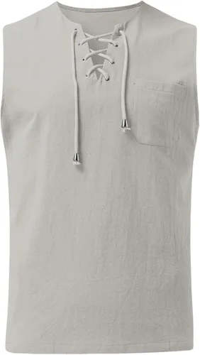 Vista 2 de DOUHEN Los hombres con cordones en la parte delantera Tank Top Primavera y Verano Tops Casual Deportes Sin Mangas Top Algodón Chaleco Sólido Fitness