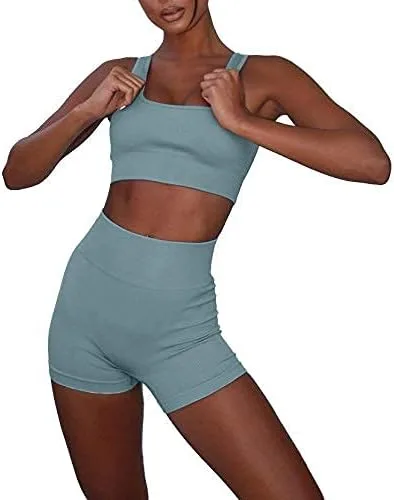 Vista 3 de fatty tiger Conjuntos de entrenamiento acanalados para mujer, 2 piezas, trajes de gimnasio, ombligueras, pantalones cortos de cintura alta