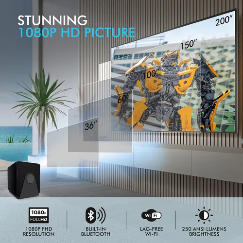 Vista 3 de RCA Mini proyector inteligente Proyector portátil 1080P con WiFi y Bluetooth Proyector de película con soporte inclinable