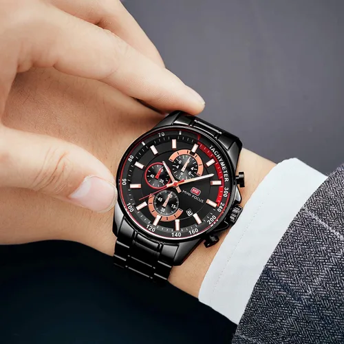Vista 3 de MF MINI FOCUS Reloj cronógrafo de cuarzo para hombre, pulsera de eslabones de acero inoxidable, resistente al agua, luminoso