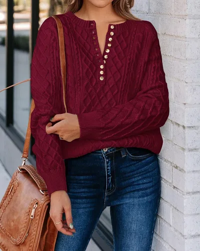 Vista 9 de KIRUNDO Suéteres para mujer 2024 Otoño Invierno Lindo Manga Larga Botón Cuello Redondo Suéter Corto Suéter Suave Jersey