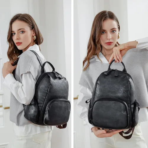 Vista 2 de Iswee Mochila de cuero retro para mujer, bolso pequeño, bonito antirrobo, casual, suave, mochila de viaje universitario, bolsa escolar, Negro
