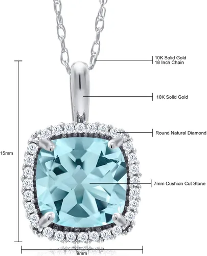 Vista 4 de Gem Stone King 10K White Gold Gemstone Birthstone and White Diamond Halo Pendant Necklace Cushion Cut 7MM White Gold Necklace for Women with 18