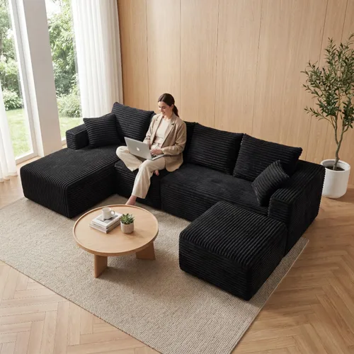 Vista 4 de Sofá modular sin hueso de 118 pulgadas con diván y otomano de pana de gran tamaño en forma de U, sofá de nube de pana para asiento profundo