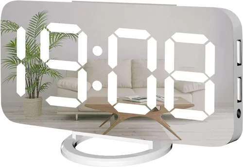 Vista 8 de Miowachi Reloj despertador digital, reloj LED de espejo grande, repetición, luz nocturna tenue, 2 puertos de cargador USB, reloj despertador de Negro