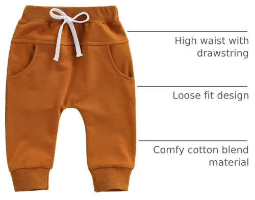 Vista 4 de Mubineo Pantalones deportivos básicos lisos para bebés, niños y niñas, cómodos pantalones de algodón con bolsillos Marrón