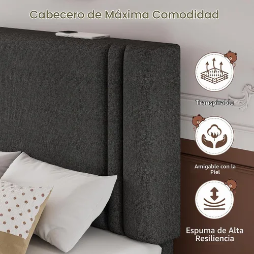 Vista 4 de iPormis Base de cama de plataforma individual con cabecera tapizada de tela y patas gruesas, base de colchón con soporte de listones de madera Gris