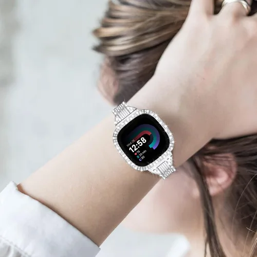 Vista 6 de MOFREE Compatible con Fitbit Versa 4 bandas/Fitbit Sense 2 bandas mujeres con funda protectora rígida para parachoques, joyería elegante, pulsera