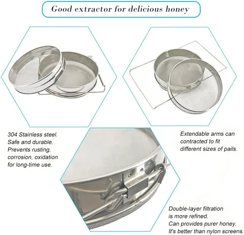 Vista 2 de Colador de miel para cubo de 5 galones de acero inoxidable doble tamiz filtro de miel para miel limpia con brazos extensibles de hasta 16.5 pulgadas