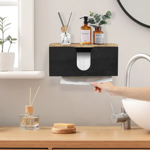 Vista 5 de Paquete de 2 dispensadores de toallas de papel de madera maciza montados en la pared, soporte de toalla de papel plegado con tapa, plegable en C